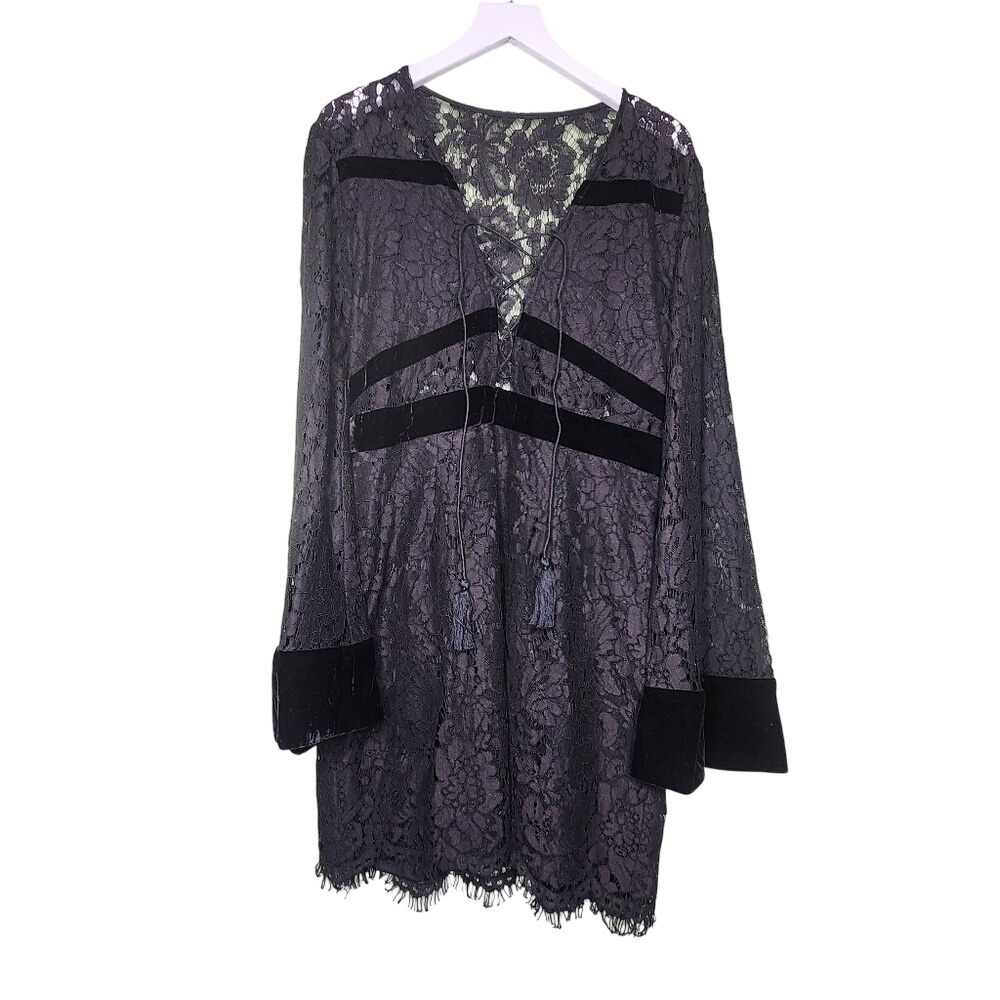 Do + Be Black Lace Dress Velvet Trim Tassel Bell Sleeve Whimsigoth Goth Witchy L